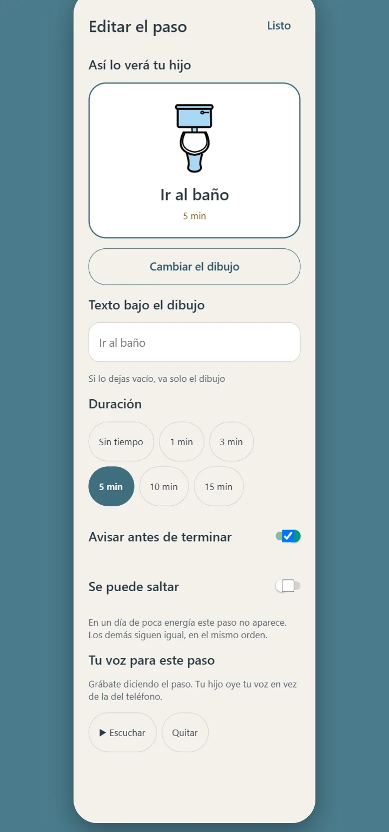 La pantalla para editar un paso de la rutina