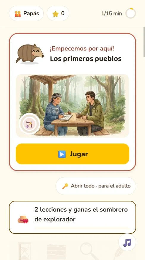 La pantalla de inicio de Cronobu con Tato y el tema por el que empezar