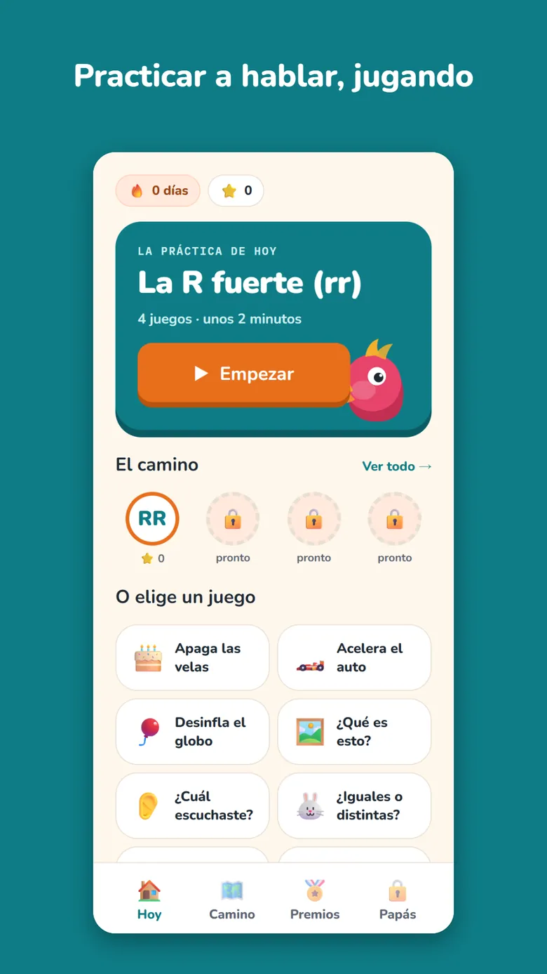 La pantalla de hoy, con el camino de sonidos y los juegos