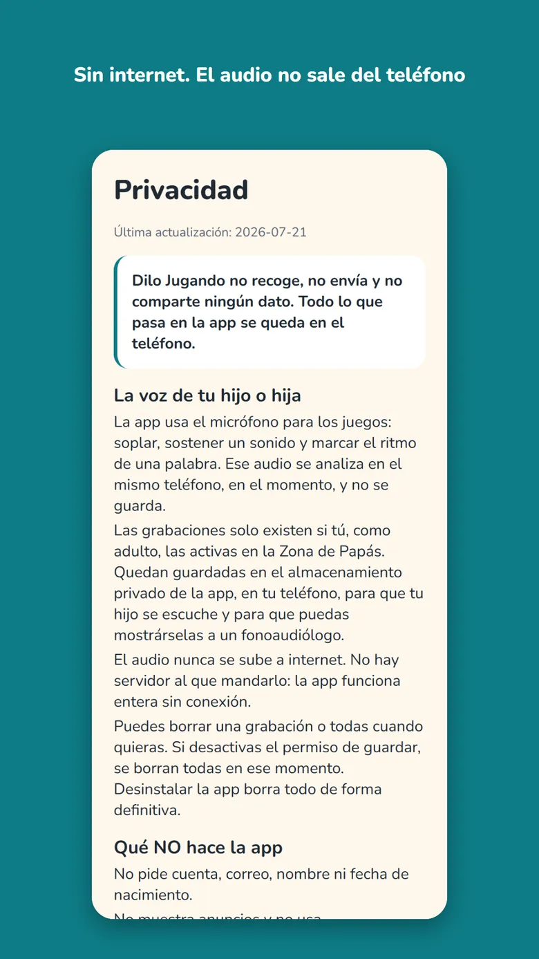 La política de privacidad dentro de la propia app