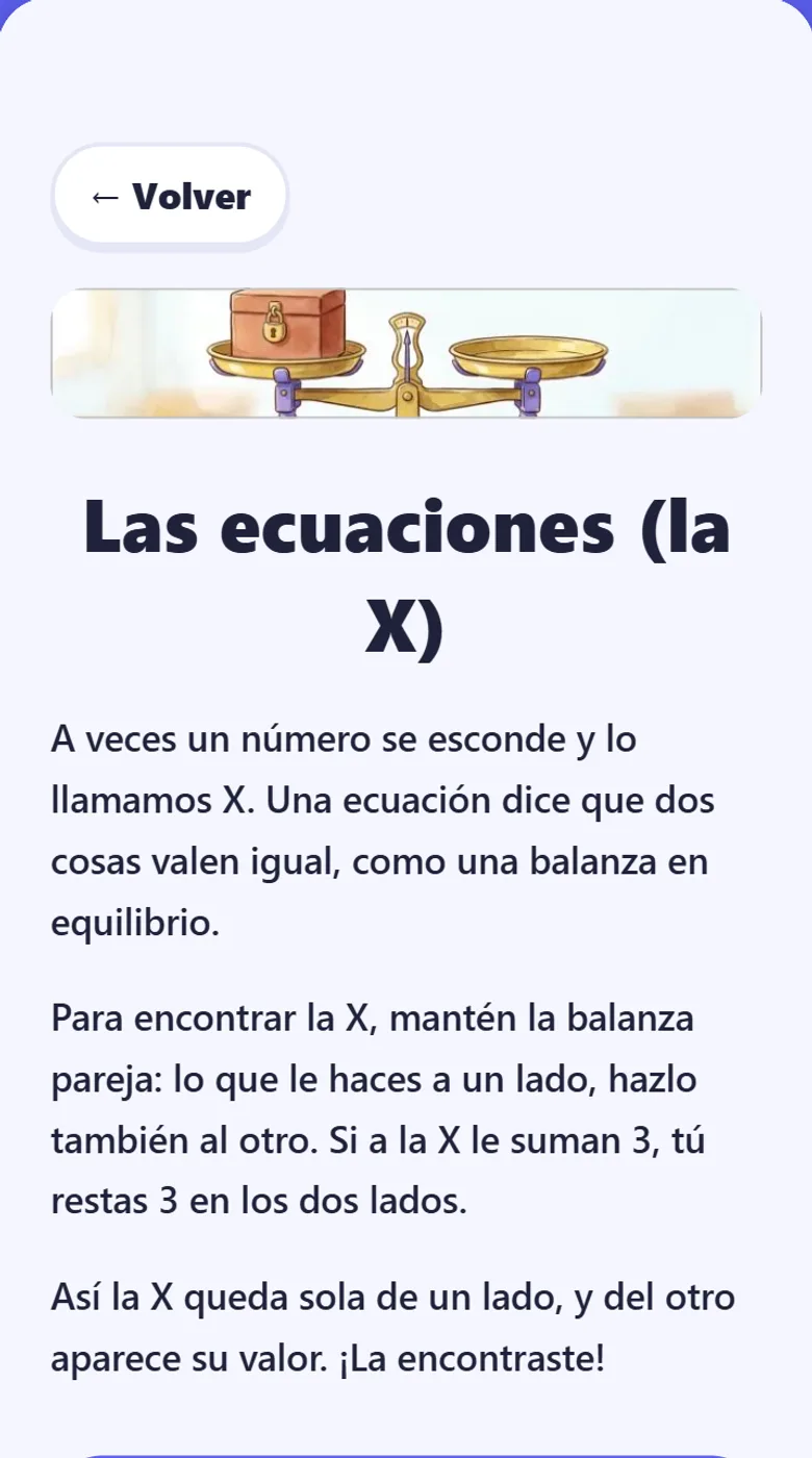 La explicación de las ecuaciones, con una balanza en equilibrio