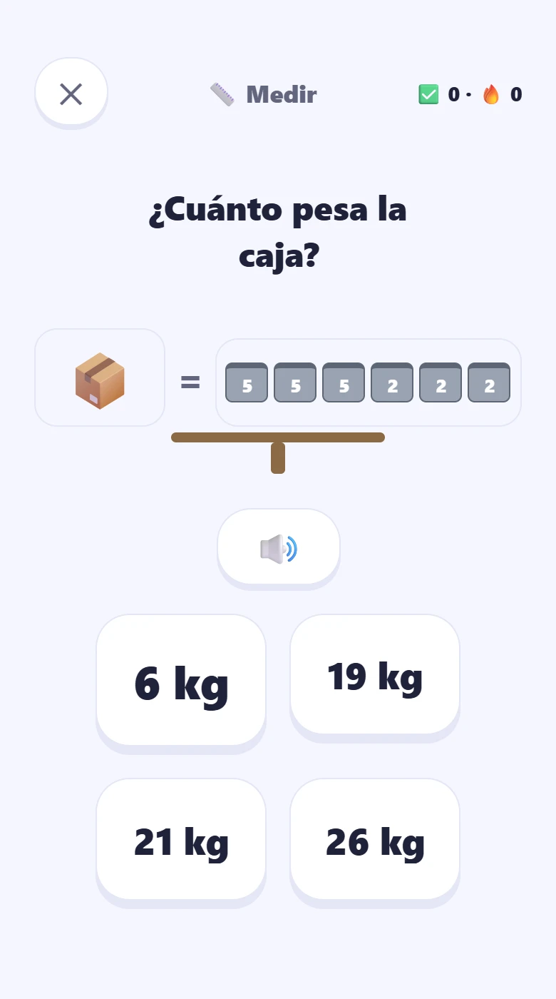 Una balanza con una caja y pesas de 5 y 2 kilos