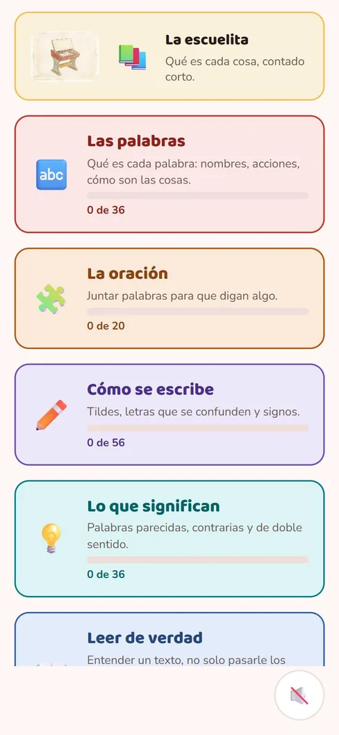 Los seis mundos de Palabu, cada uno con su color y cuántas lecciones tiene
