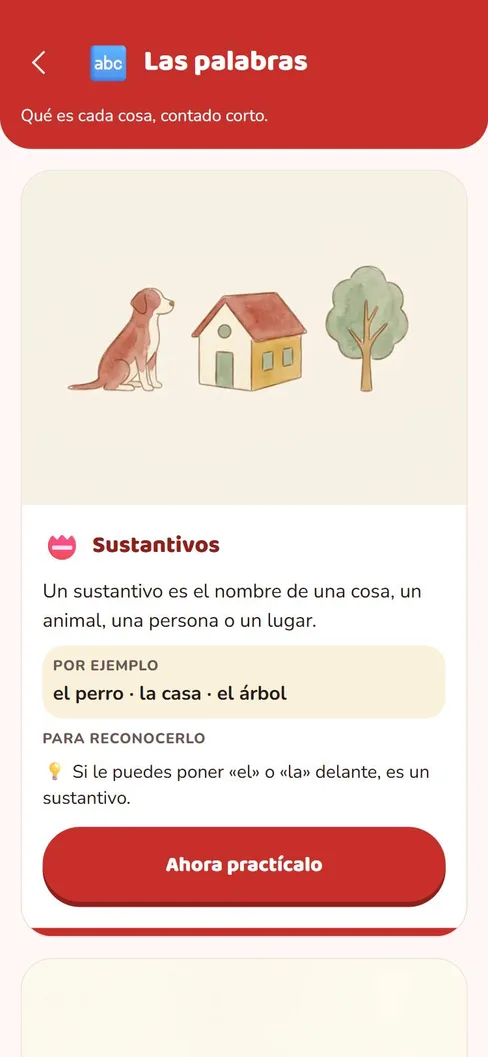 La escuelita explica qué es un sustantivo antes de preguntarlo, con ejemplos y un truco para reconocerlo